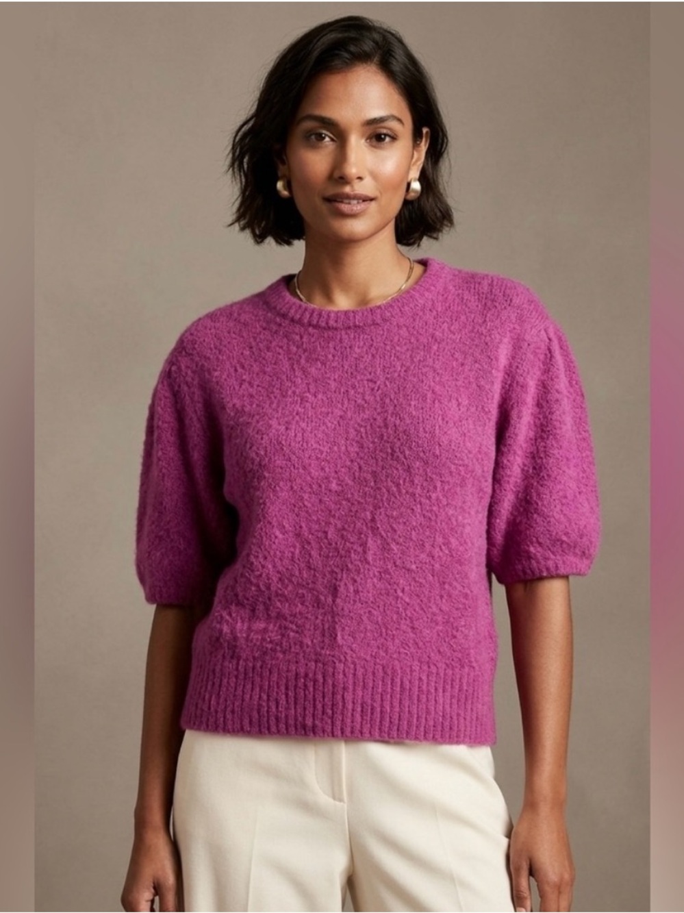 Banana Republic fuzzy alpaca blend puff sleeve sweater magenta NWT knit top